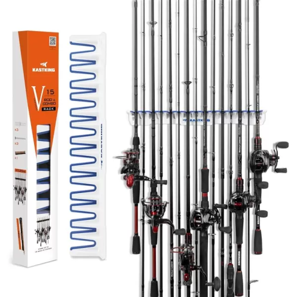 imageKastKing Patented V15 Vertical Fishing Rod Holder  Wall Mounted Fishing Rod Rack Store 15 Rods or Fishing Rod Combos in 18 Inches Great Fishing Pole Holder and RackC WhiteBlue 1 Pack store 15 rods