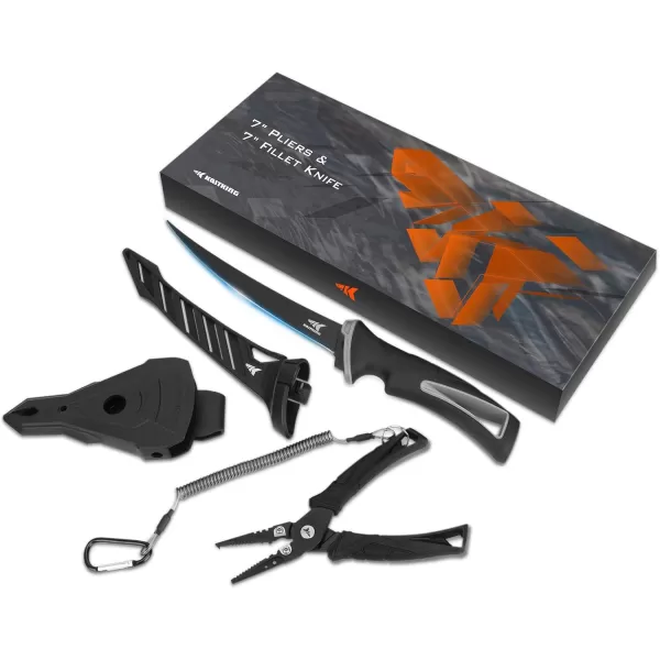 imageKastKing 7inch Fishing Pliers and Filet Knife with Molded Sheath 420 Stainless Steel Fishing Pliers G4116 Corrosion Resistant Fillet Knife 7 Split Ring Plier and 7 Fillet Knife Orange7 Split Ring Plier Combo  Black