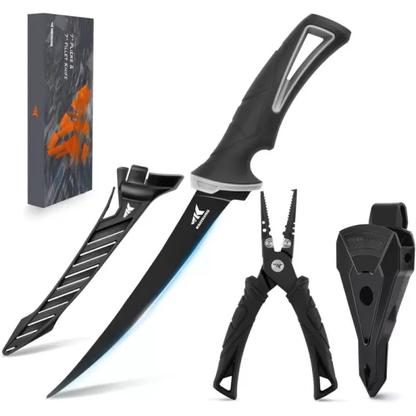 imageKastKing 7inch Fishing Pliers and Filet Knife with Molded Sheath 420 Stainless Steel Fishing Pliers G4116 Corrosion Resistant Fillet Knife 7 Split Ring Plier and 7 Fillet Knife Orange7 Split Ring Plier Combo  Black