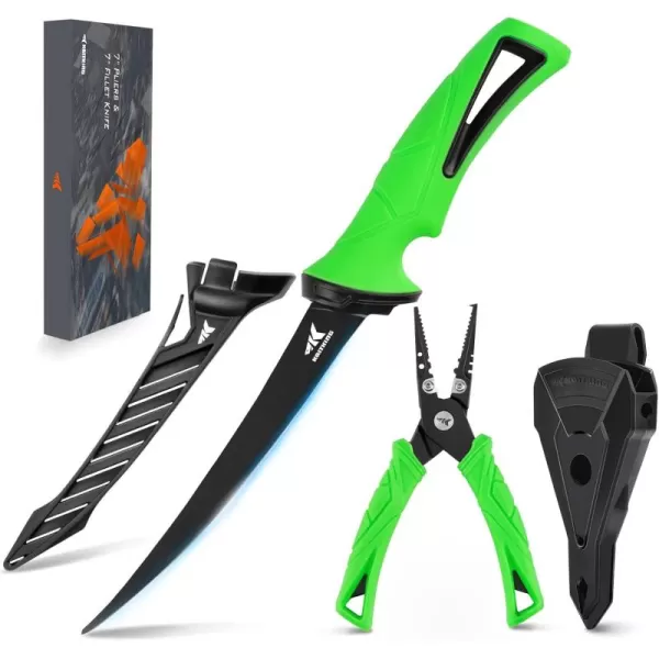 imageKastKing 7inch Fishing Pliers and Filet Knife with Molded Sheath 420 Stainless Steel Fishing Pliers G4116 Corrosion Resistant Fillet Knife 7 Split Ring Plier and 7 Fillet Knife Orange7 Split Ring Plier Combo  Green