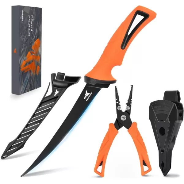 imageKastKing 7inch Fishing Pliers and Filet Knife with Molded Sheath 420 Stainless Steel Fishing Pliers G4116 Corrosion Resistant Fillet Knife 7 Split Ring Plier and 7 Fillet Knife Orange7 Split Ring Plier Combo  Orange