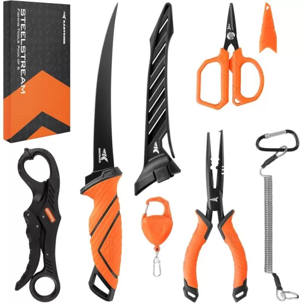 imageKastKing SteelStream 6pc Fishing Tool Kit  Corrosion Resistant Fishing Pliers with Lanyard Fillet Knife Floating Fish Lip Gripper Fishing Braid Scissors Tool Retractor Fishing Gifts for Men