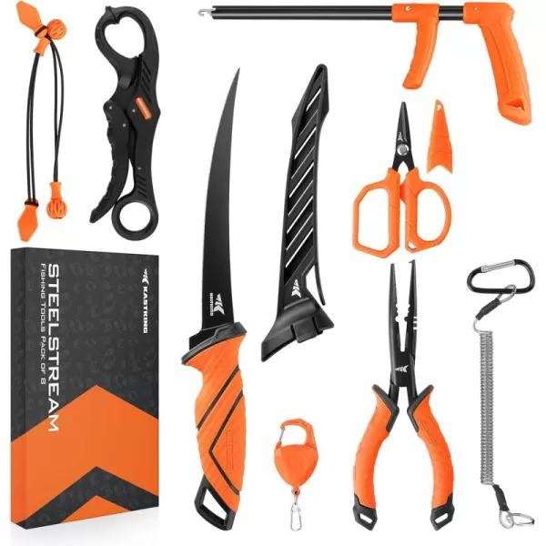 imageKastKing SteelStream 8pc Fishing Tool Kit  Fishing Pliers with Lanyard Fillet Knife Floating Fish Lip Gripper Fishing Braid Scissors Tool Retractor Fishing Hook Remover Bungee Cords