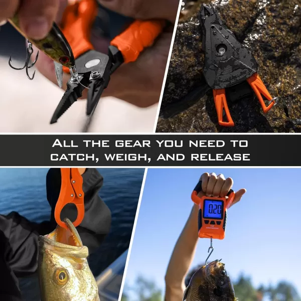 imageKastKing Fishing Pliers Fish Lip Gripper or Fish Scale Combo Saltwater Resistant Fishing Tools Fishing Gear with Rubber Handle Lanyard Line Cutter Hook Remover with Sheath Ice Fishing Gift MenNSplit Ring Plier  Scale ComboOrange