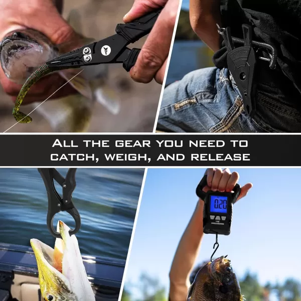 imageKastKing Fishing Pliers Fish Lip Gripper or Fish Scale Combo Saltwater Resistant Fishing Tools Fishing Gear with Rubber Handle Lanyard Line Cutter Hook Remover with Sheath Ice Fishing Gift MenOStraight Plier  Scale ComboBlack