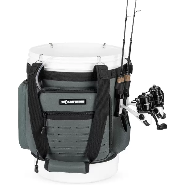 imageKastKing Karryall Fishing Bucket Organizer for 5 Gallon Bucket Ice Fishing Tackle Bag with Adjustable Buckle Rod ampamp Plier Holder and MultiPockets for Fishing Gear ampamp Accessories StorageBlackDark Gray