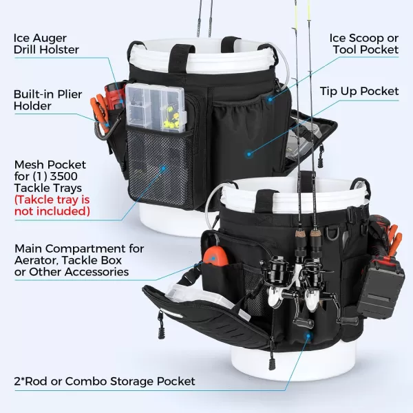 imageKastKing Karryall Fishing Bucket Organizer for 5 Gallon Bucket Ice Fishing Tackle Bag with Adjustable Buckle Rod ampamp Plier Holder and MultiPockets for Fishing Gear ampamp Accessories StorageBlackBlack