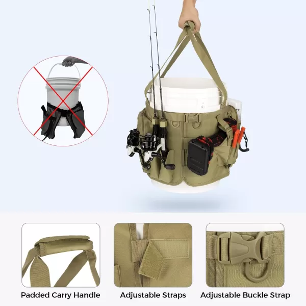 imageKastKing Karryall Fishing Bucket Organizer for 5 Gallon Bucket Ice Fishing Tackle Bag with Adjustable Buckle Rod ampamp Plier Holder and MultiPockets for Fishing Gear ampamp Accessories StorageBlackKhaki