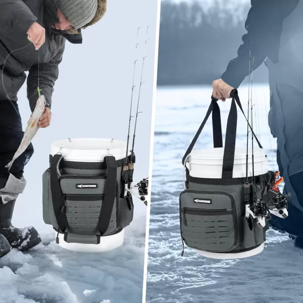 imageKastKing Karryall Fishing Bucket Organizer for 5 Gallon Bucket Ice Fishing Tackle Bag with Adjustable Buckle Rod ampamp Plier Holder and MultiPockets for Fishing Gear ampamp Accessories StorageBlackDark Gray