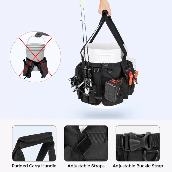 imageKastKing Karryall Fishing Bucket Organizer for 5 Gallon Bucket Ice Fishing Tackle Bag with Adjustable Buckle Rod ampamp Plier Holder and MultiPockets for Fishing Gear ampamp Accessories StorageBlackBlack