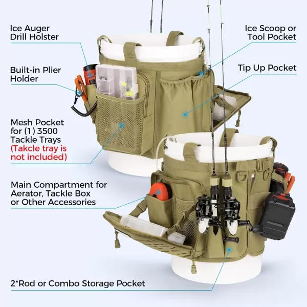 imageKastKing Karryall Fishing Bucket Organizer for 5 Gallon Bucket Ice Fishing Tackle Bag with Adjustable Buckle Rod ampamp Plier Holder and MultiPockets for Fishing Gear ampamp Accessories StorageBlackKhaki