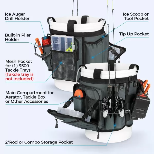 imageKastKing Karryall Fishing Bucket Organizer for 5 Gallon Bucket Ice Fishing Tackle Bag with Adjustable Buckle Rod ampamp Plier Holder and MultiPockets for Fishing Gear ampamp Accessories StorageBlackDark Gray