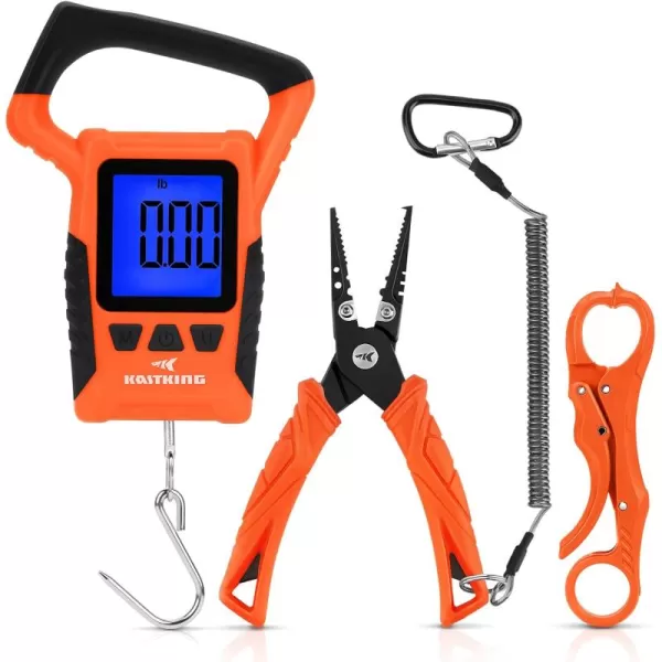 imageKastKing Fishing Pliers Fish Lip Gripper or Fish Scale Combo Saltwater Resistant Fishing Tools Fishing Gear with Rubber Handle Lanyard Line Cutter Hook Remover with Sheath Ice Fishing Gift MenNSplit Ring Plier  Scale ComboOrange
