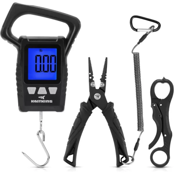 imageKastKing Fishing Pliers Fish Lip Gripper or Fish Scale Combo Saltwater Resistant Fishing Tools Fishing Gear with Rubber Handle Lanyard Line Cutter Hook Remover with Sheath Ice Fishing Gift MenOStraight Plier  Scale ComboBlack