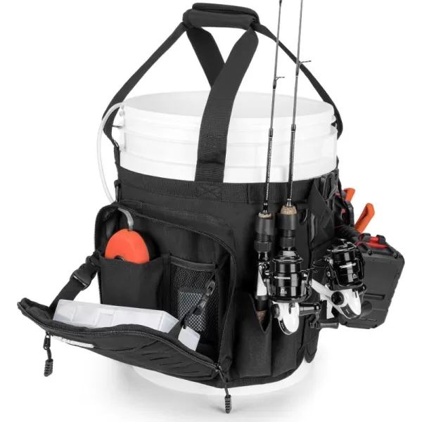 imageKastKing Karryall Fishing Bucket Organizer for 5 Gallon Bucket Ice Fishing Tackle Bag with Adjustable Buckle Rod ampamp Plier Holder and MultiPockets for Fishing Gear ampamp Accessories StorageBlackBlack