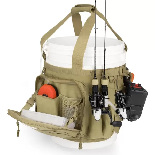 imageKastKing Karryall Fishing Bucket Organizer for 5 Gallon Bucket Ice Fishing Tackle Bag with Adjustable Buckle Rod ampamp Plier Holder and MultiPockets for Fishing Gear ampamp Accessories StorageBlackKhaki