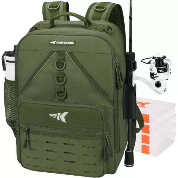 imageKastKing Karryall Medium Fishing Tackle Daily Backpack Large Storage Waterresistant Fishing Bag Store Gear and EquipmentArmy Green 4 Tackle Trays Included