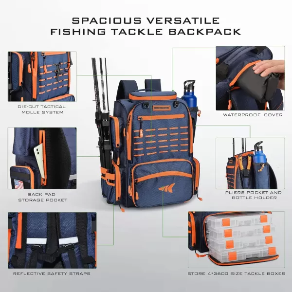 imageKastKing Bait Boss Fishing Tackle Backpack with Rod Holders4 Tackle BoxesRain Cover43L Large Storage for Fishing GearC Orange