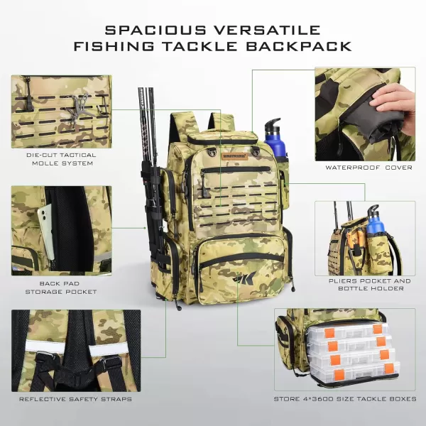 imageKastKing Bait Boss Fishing Tackle Backpack with Rod Holders4 Tackle BoxesRain Cover43L Large Storage for Fishing GearE Yellow Camouflage