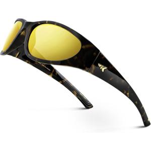 imageKastKing Raccoon Polarized Sport Sunglasses for Men and Women Wide Temple Wrap Ideal for Driving Fishing Cycling RunningFrame Gloss Demi Lens Brown