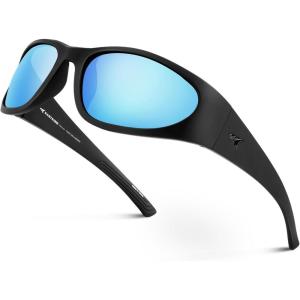imageKastKing Raccoon Polarized Sport Sunglasses for Men and Women Wide Temple Wrap Ideal for Driving Fishing Cycling RunningFrame Matt Black Lens Smoke Ice Blue Mirror