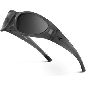 imageKastKing Raccoon Polarized Sport Sunglasses for Men and Women Wide Temple Wrap Ideal for Driving Fishing Cycling RunningFrame Matt Smoke Crystal Lens Smoke