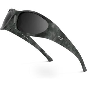 imageKastKing Raccoon Polarized Sport Sunglasses for Men and Women Wide Temple Wrap Ideal for Driving Fishing Cycling RunningFrame Matte Obsidian Boulder Camo Lens Smoke