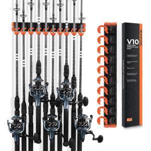 imageKastKing V10 Pivot Grip Fishing Rod HolderAdjustable SpaceSaving WallMounted Rod Holder 10 PolymerCoated Steel Hooks Expandable Storage System Holds 10 Rod ampamp Reel Combos 1 PackA Orange1 Pack
