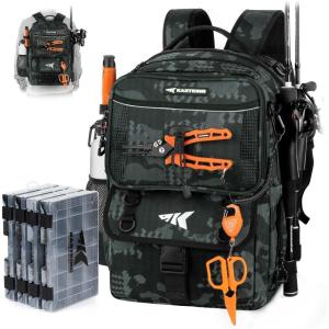 imageKastKing BaitSpace 50L Fishing Tackle Backpack with Removable Bait Binder2 Rod Holders Storage Fishing Gear and EquipmentA Black Camo With 4 3600 Tackle Boxes