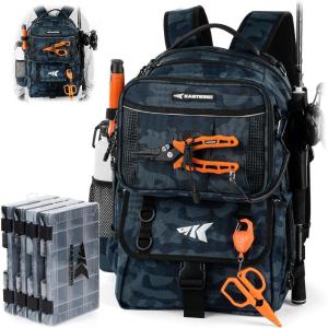imageKastKing BaitSpace 50L Fishing Tackle Backpack with Removable Bait Binder2 Rod Holders Storage Fishing Gear and EquipmentB Blue Camo With 4 3600 Tackle Boxes