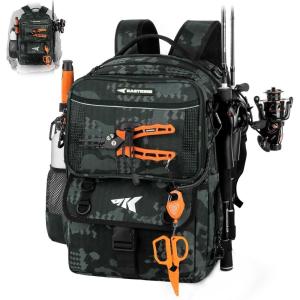 imageKastKing BaitSpace 50L Fishing Tackle Backpack with Removable Bait Binder2 Rod Holders Storage Fishing Gear and EquipmentD Black Camowithout Tackle Box