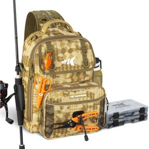 imageKastKing BaitSpace Fishing Sling Bag Fishing Backpack with Rod ampamp Beverage Holder Tackle Bag for Fishing GearD Khaki Camo  Largewith 2 3600 tackle boxes