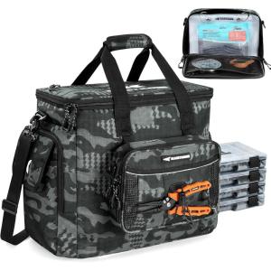 imageKastKing BaitSpace Fishing Tackle Bag With 4 Tackle Boxes ampamp Removable Bait Binder WaterResistant Tackle Storage Durable Fishing Gear Adjustable Shoulder StrapD Black Camo