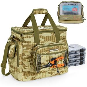imageKastKing BaitSpace Fishing Tackle Bag With 4 Tackle Boxes ampamp Removable Bait Binder WaterResistant Tackle Storage Durable Fishing Gear Adjustable Shoulder StrapE Khaki Camo