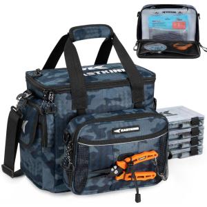 imageKastKing BaitSpace Fishing Tackle Bag With 4 Tackle Boxes ampamp Removable Bait Binder WaterResistant Tackle Storage Durable Fishing Gear Adjustable Shoulder StrapC Blue Camo