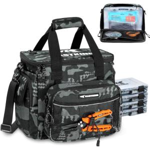 imageKastKing BaitSpace Fishing Tackle Bag With 4 Tackle Boxes ampamp Removable Bait Binder WaterResistant Tackle Storage Durable Fishing Gear Adjustable Shoulder StrapA Black Camo