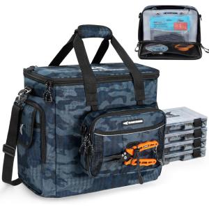 imageKastKing BaitSpace Fishing Tackle Bag With 4 Tackle Boxes ampamp Removable Bait Binder WaterResistant Tackle Storage Durable Fishing Gear Adjustable Shoulder StrapF Blue Camo