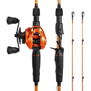 imageKastKing Lethal Blaze Twintip Fishing Rod and Reel Combo Spinning ampamp Baitcaster Combo Flame Pattern Design IM6 Graphite 2Pc Rod with Backup Tip Section StainlessSteel Guides EVA HandleCast64 Mleft Handed 2pcs Extra Tip
