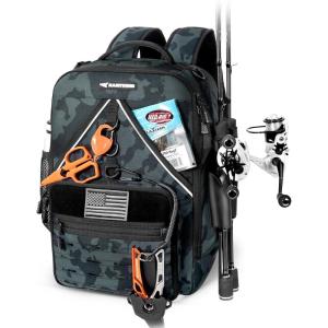 imageKastKing KarryAll KastMate Fishing Tackle BackpackWaterResistant Tackle Bag With 2 Rod HoldersFishing Gear and Equipment With Large Gear StorageBlack CamoB Black Camo
