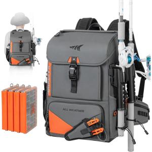 image:imageKastKing All Weather Fishing Tackle Backpack with Removable Rod HoldersWaterproof ArmorShield Fabric Fishing Bag Storage Fishing GearA GreyWith 4 Waterproof Tackle Boxes