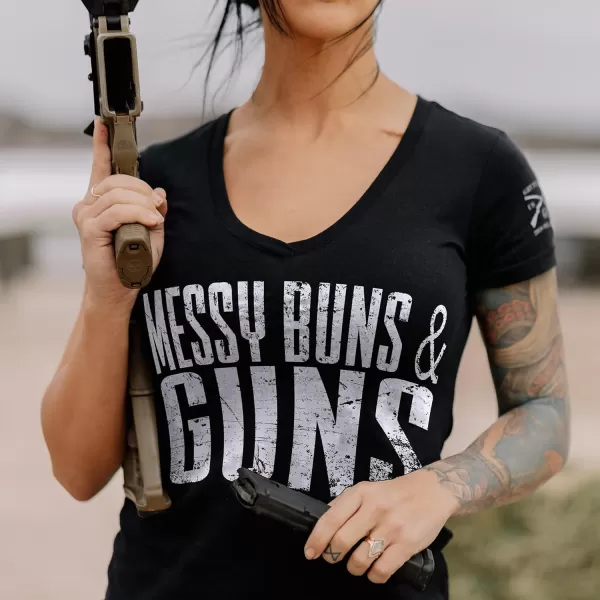 Grunt Style Messy Buns amp Guns Womens VNeck TShirtBlack