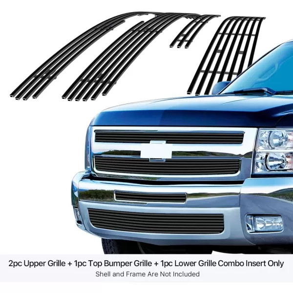 APS Compatible with Chevy Silverado 1500 2007-2013 Stainless Steel SS Chrome Horizontal Billet Grille Insert Combo C61133A