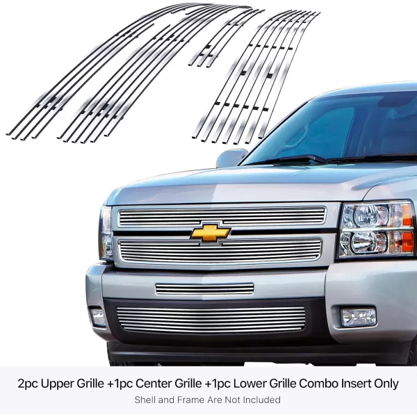 APS Compatible with Chevy Silverado 1500 2007-2013 Stainless Steel SS Chrome Horizontal Billet Grille Insert Combo C61133A