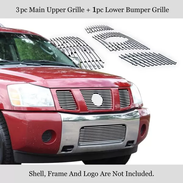 APS Compatible with Nissan Titan 2004-2006 &amp; 07 Titan Classic Model &amp; 04-07 Armada with Logo Show Stainless Steel Chrome Billet Grille Grill Insert Combo N67992A