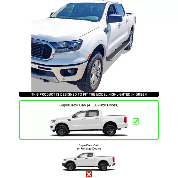 APS Black Running Boards Style Compatible with Ford Ranger 2019-2023 SuperCrew Cab 4-Door 