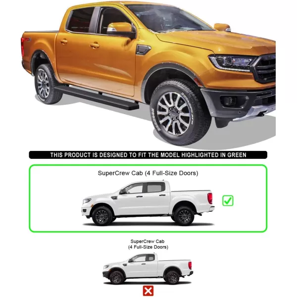 APS Black Running Boards Style Compatible with Ford Ranger 2019-2023 SuperCrew Cab 4-Door 