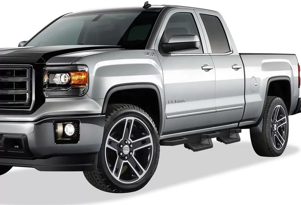 imageAPS Stainless Steel 65in Side Bars Pocket Steps Square Tube Rocker Guards Compatible with Silverado Sierra Double Cab 0718
