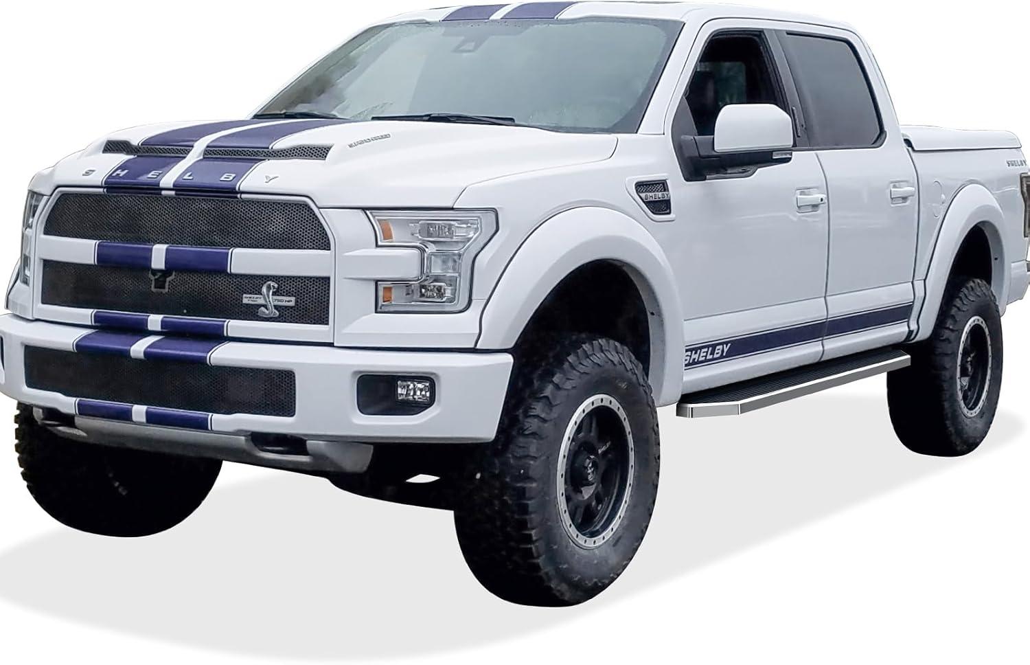 IKON MOTORSPORTS V-Shape 6" Running Boards Side Steps For 2015-2025 Ford F-150 SuperCrew Cab (Silver Stainless Steel)