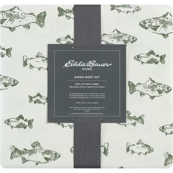 imageEddie Bauer  Queen Sheets Cotton Flannel Bedding Set Brushed For Extra Softness Cozy Home Decor Montlake Plaid QueenSchool of Fish GreenWhite Queen