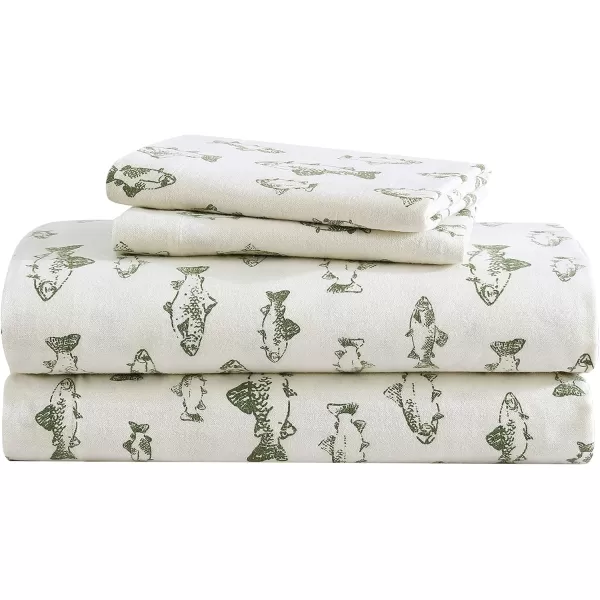 imageEddie Bauer  Queen Sheets Cotton Flannel Bedding Set Brushed For Extra Softness Cozy Home Decor Montlake Plaid QueenSchool of Fish GreenWhite Twin